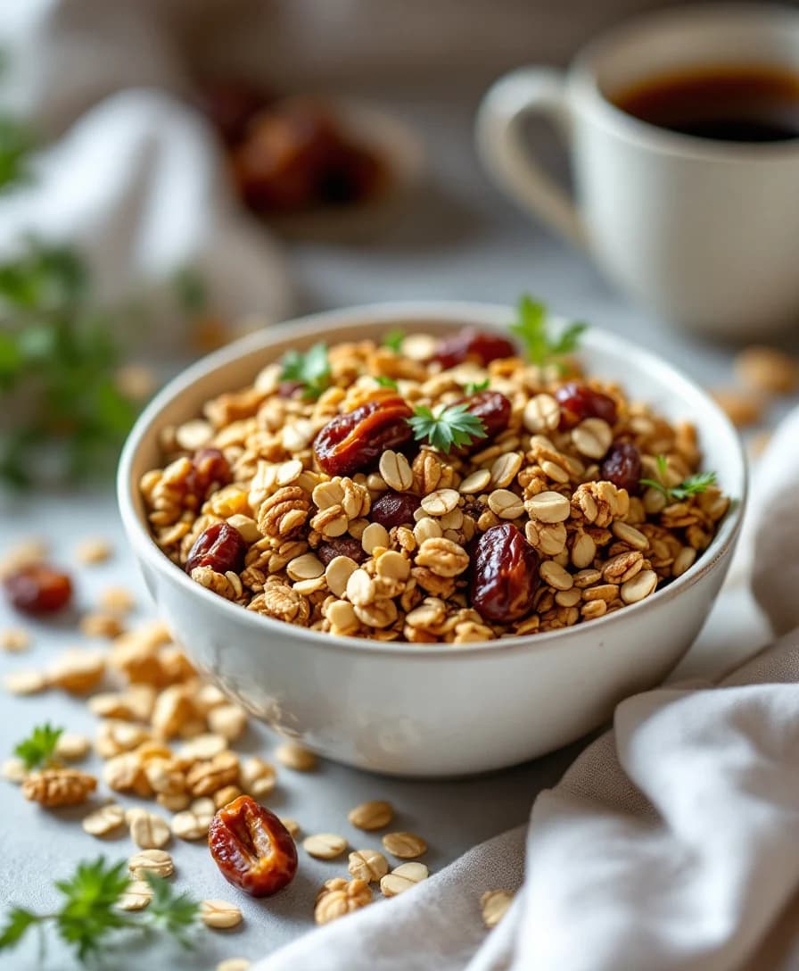 Coffee + Date Granola with Tahini and Cardamom