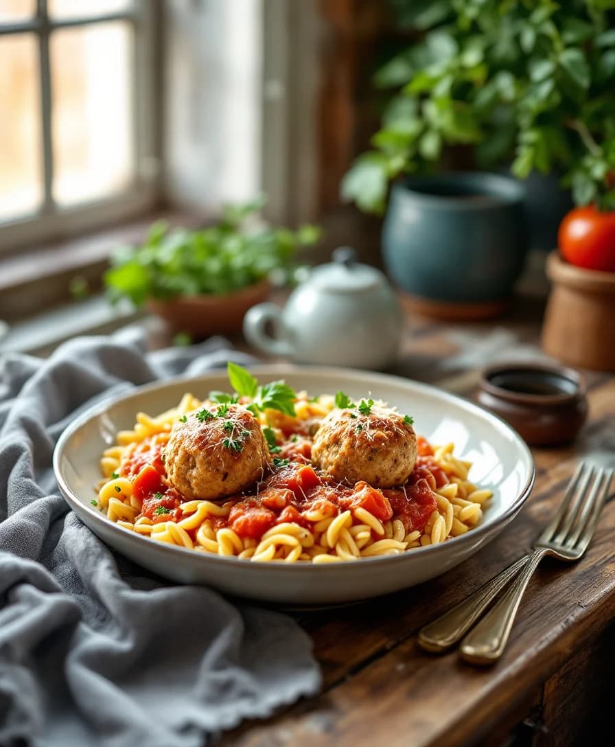 Parmesan Chicken Meatballs with Cheesy Tomato Orzo — AI generated