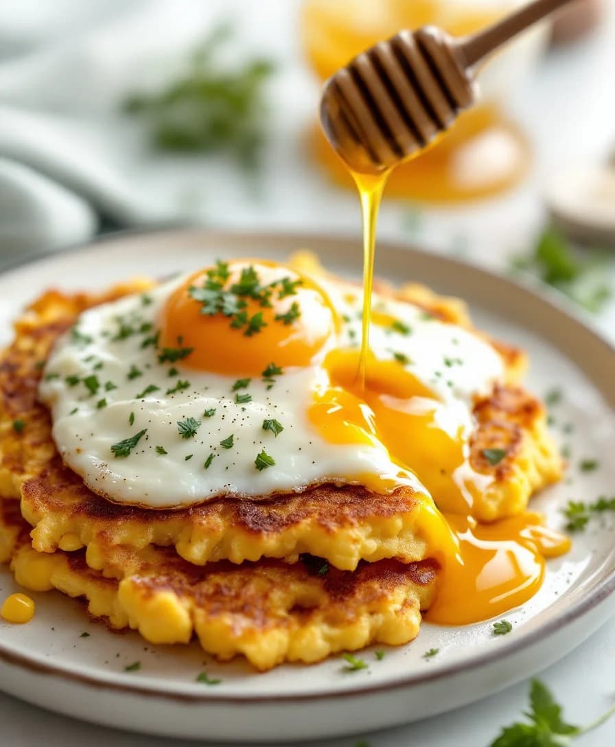 Corn Fritters with Fried Eggs & Hot Honey