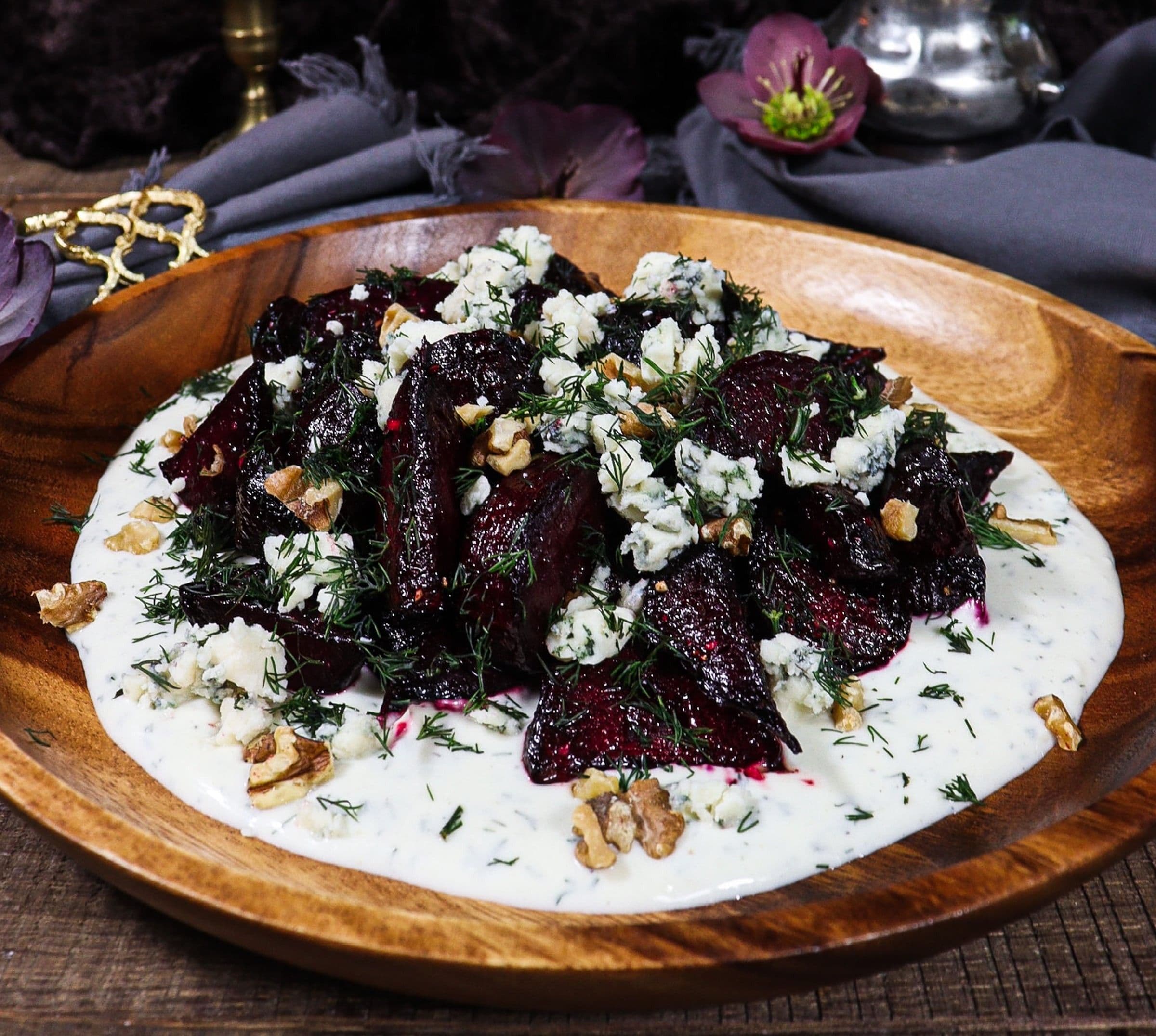 Roasted Beets with Honey Dill Vinaigrette, Blue Cheese, and Walnuts