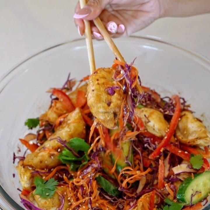 Dumpling Salad with Chili Crunch Dressing