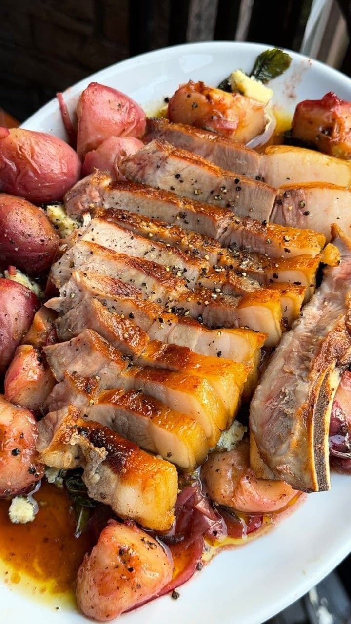 Pan-Fried Pork Chop with Grilled Peach, Pickled Onion and Blue Cheese Salad