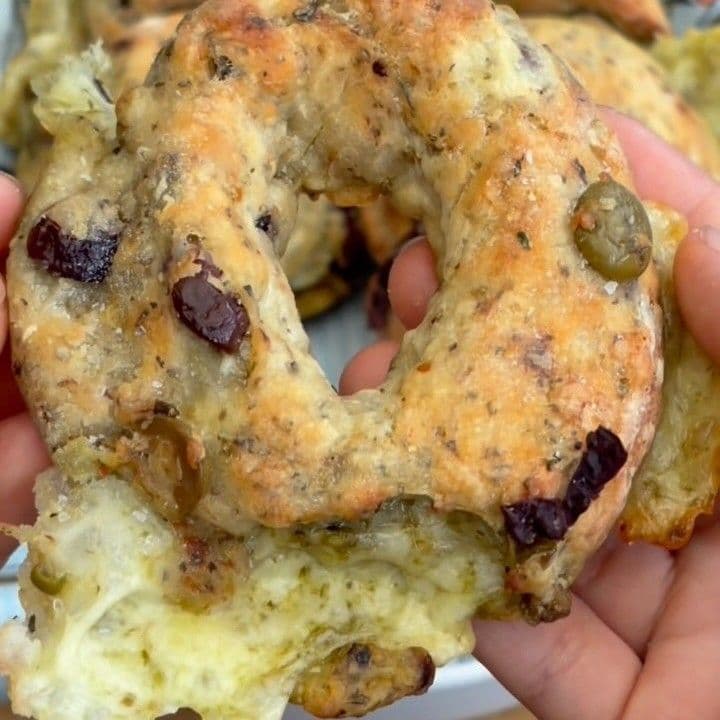 Olive Bagels stuffed with Cheese & Pesto