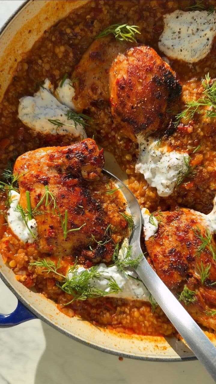 One Pan Harissa Chicken with Bulgur